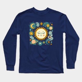 Serenity in the Cosmos - Sun and Stars Celestial Illustration Dark Long Sleeve T-Shirt